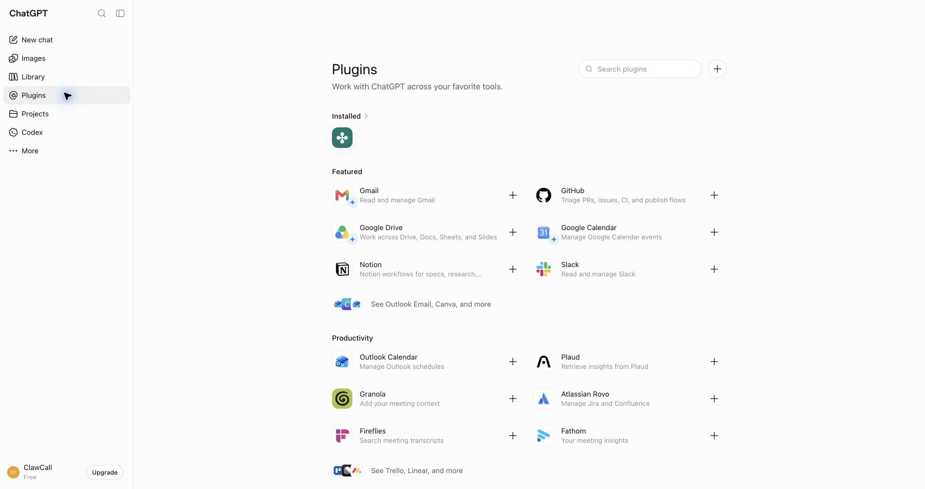 ChatGPT Plugins page with Plugins selected and the plus button visible.