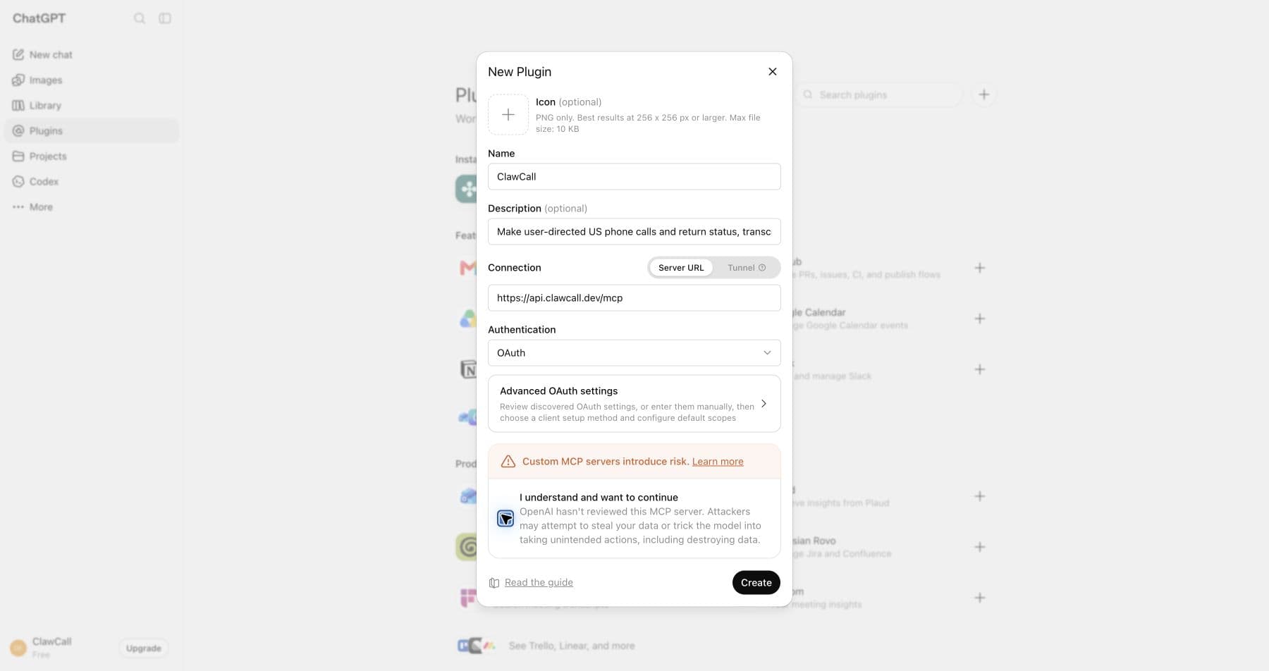 ChatGPT New Plugin dialog filled with the ClawCall hosted MCP URL and OAuth.