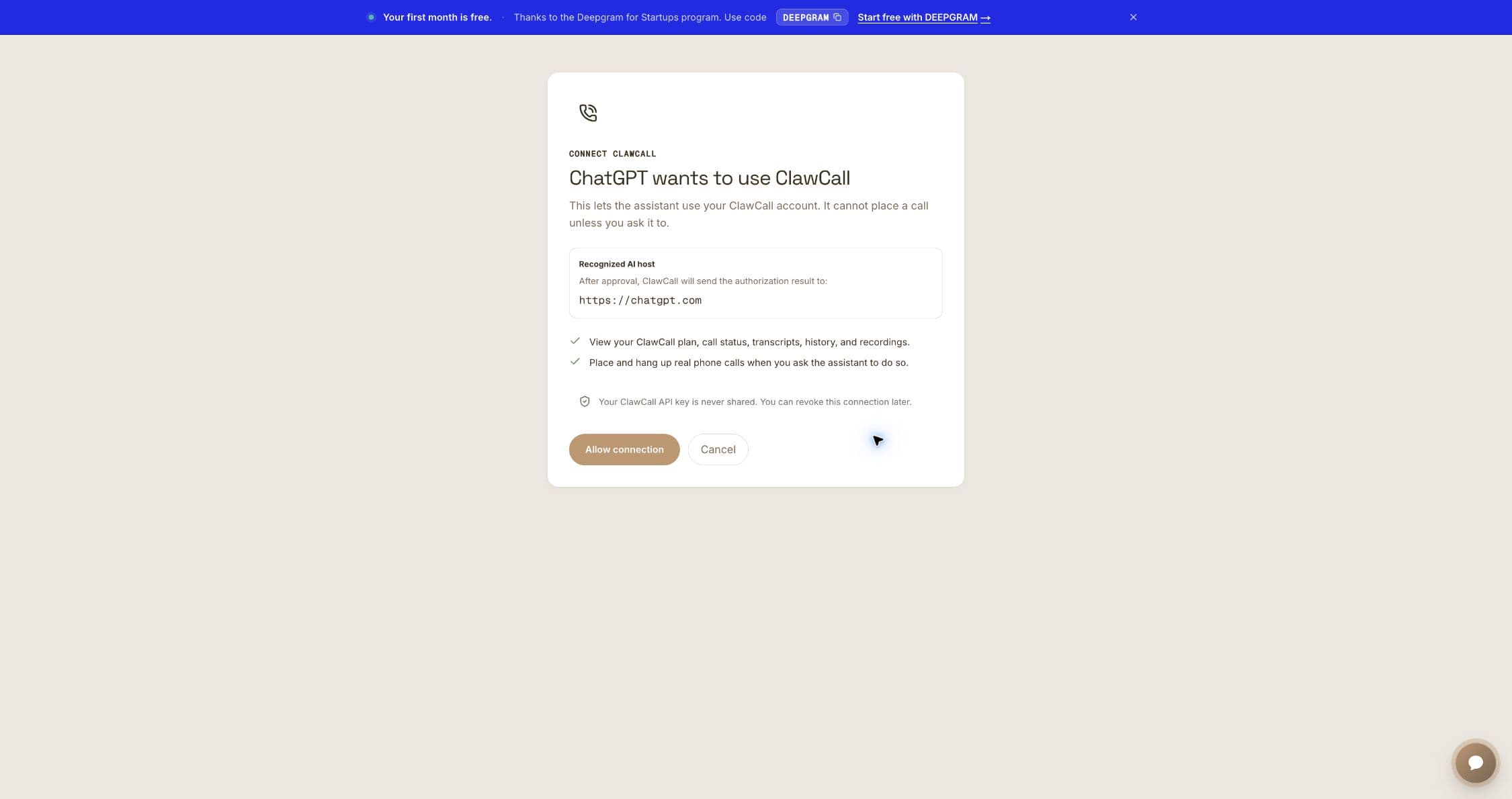 ClawCall OAuth consent page showing ChatGPT and call permissions.