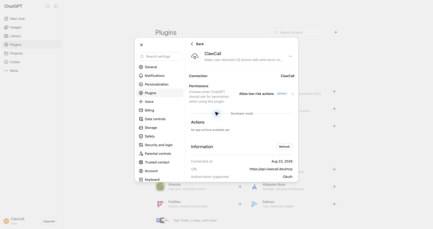 Connected ChatGPT plugin settings for ClawCall.