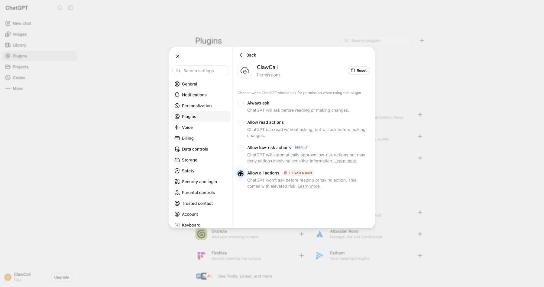 ChatGPT ClawCall permissions with Allow all actions selected.