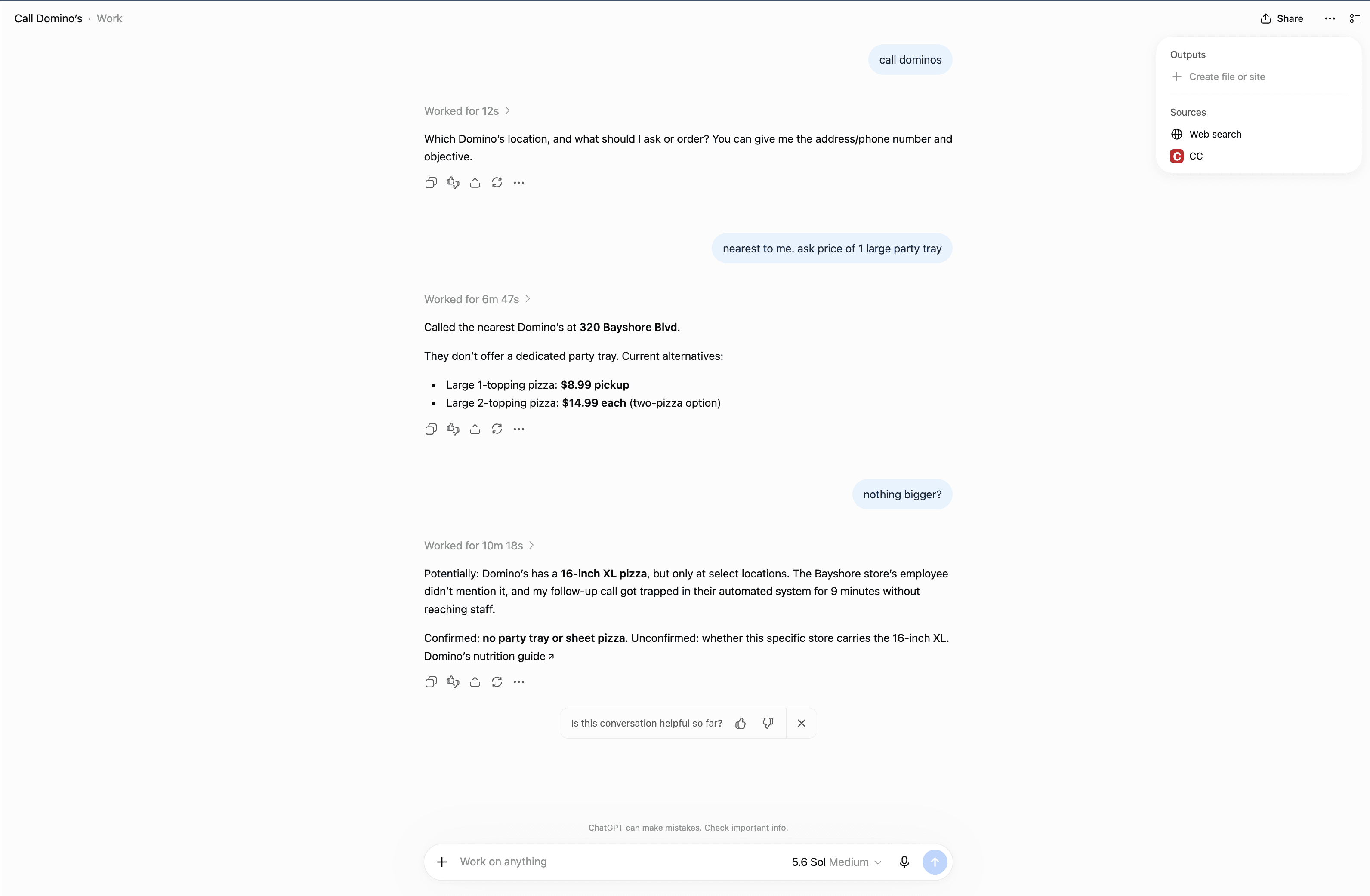ChatGPT conversation showing automatic ClawCall selection and returned Domino's pricing.