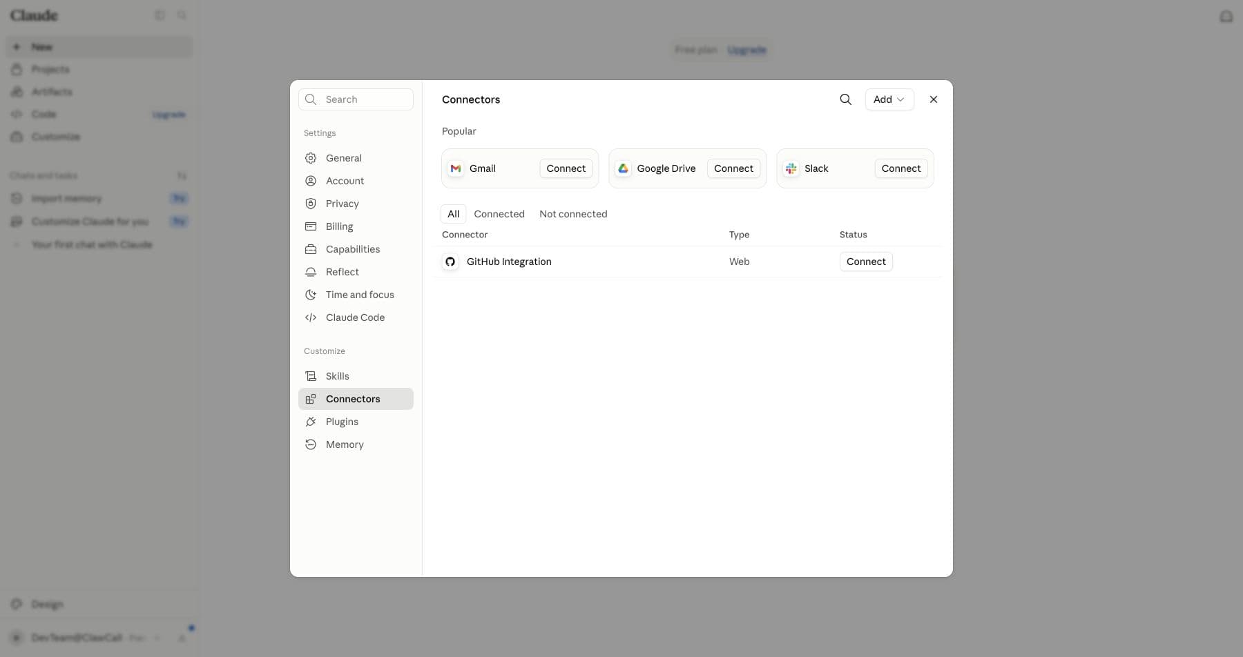 Claude Connectors settings with Add visible.