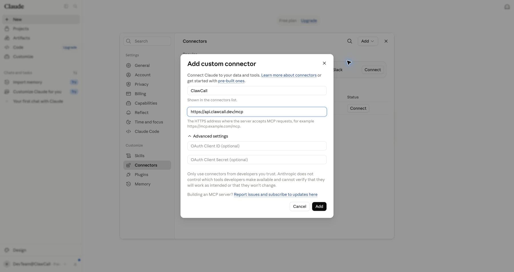 Claude custom connector dialog with the ClawCall MCP URL.