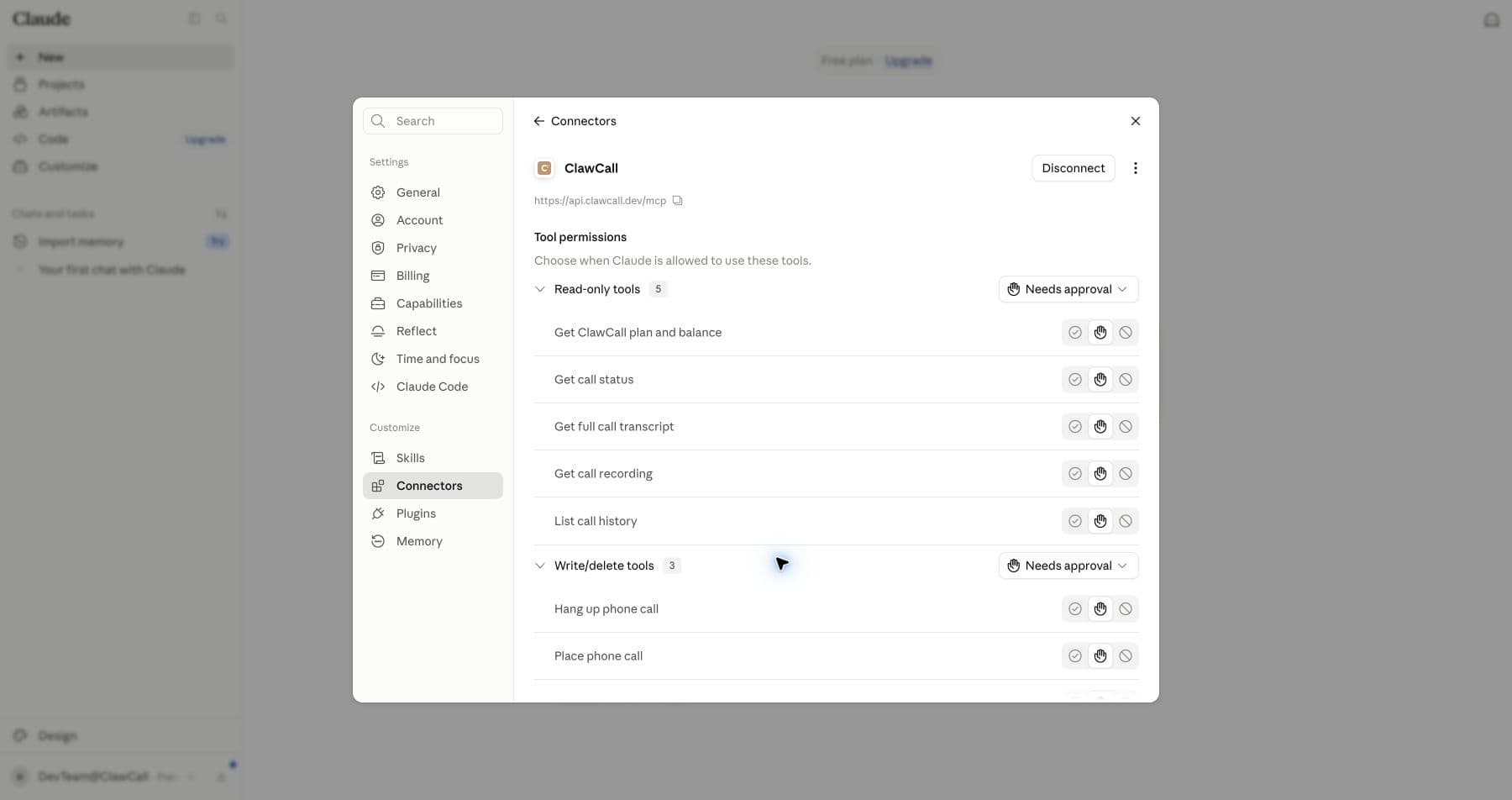 Claude connector settings listing ClawCall tools.