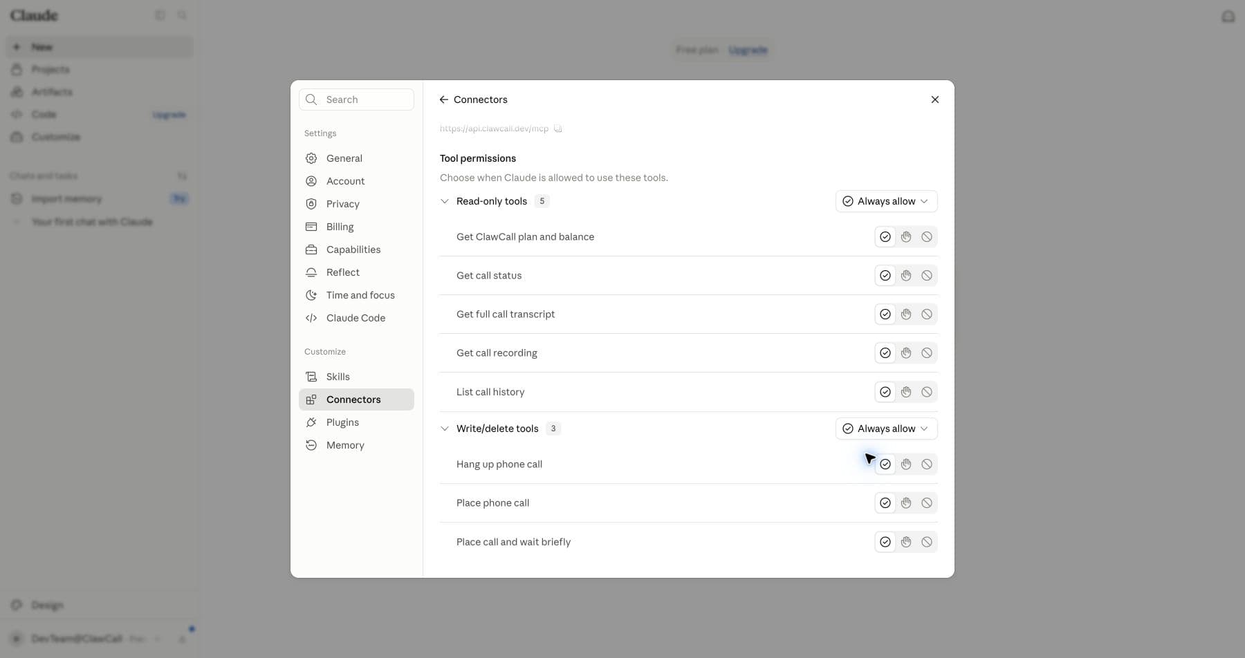 Claude permissions showing Always allow for both groups.