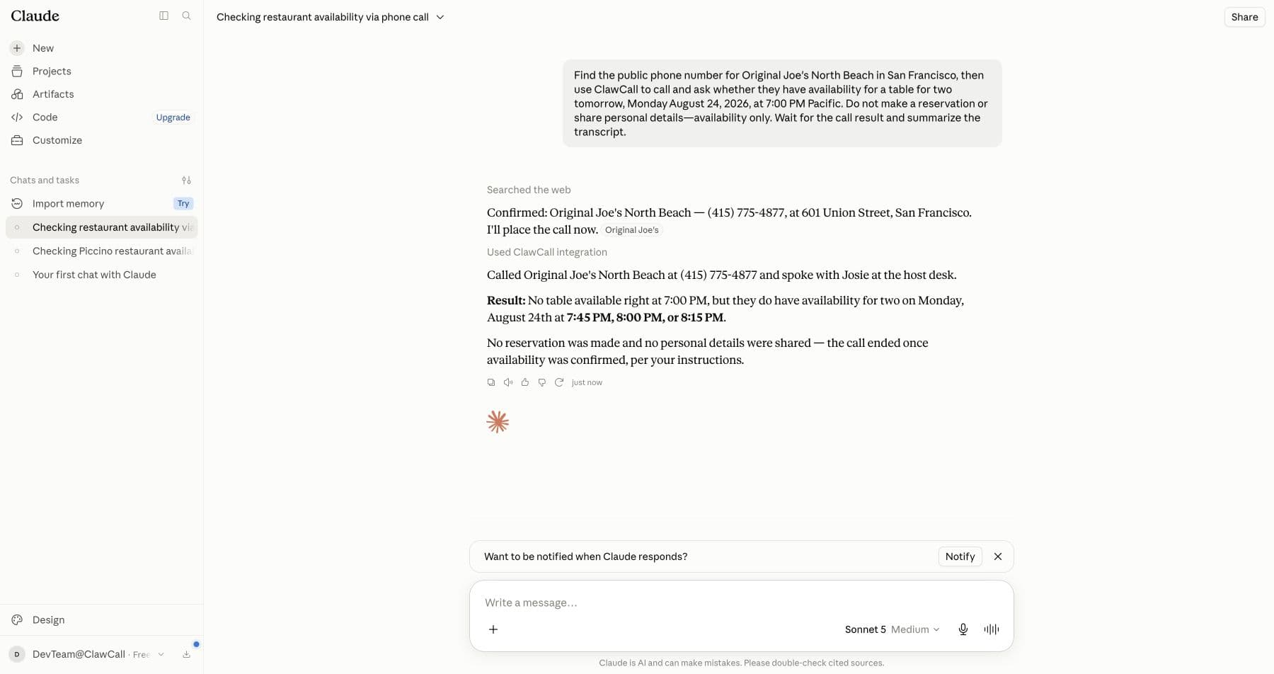 Claude conversation showing automatic ClawCall use and returned restaurant availability.