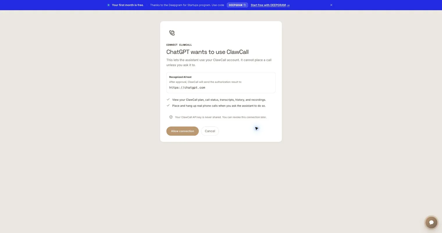 ClawCall OAuth consent page showing ChatGPT and call permissions.