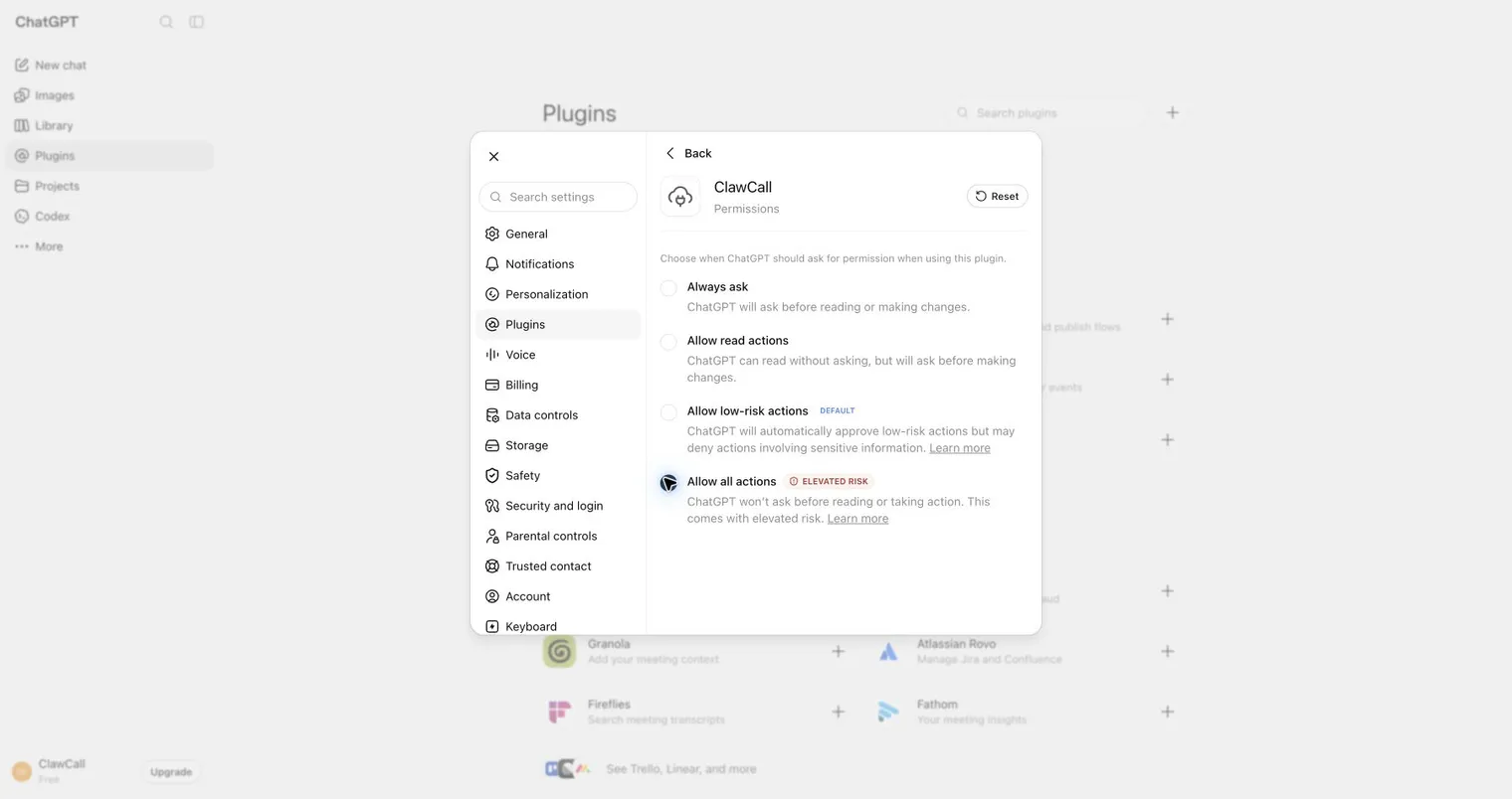 ChatGPT ClawCall permissions with Allow all actions selected.