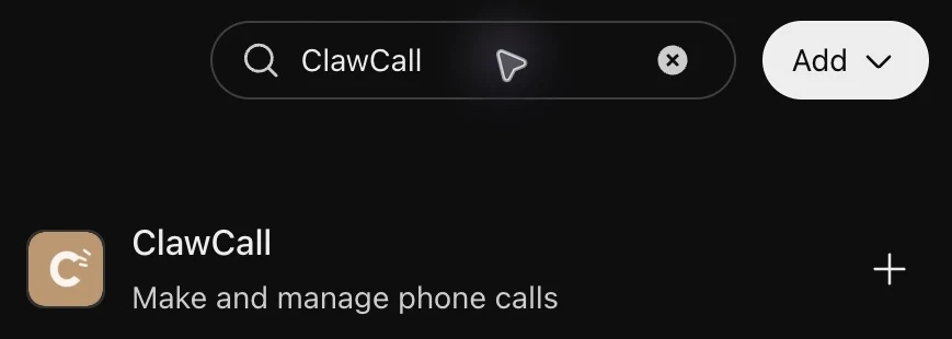 ChatGPT's Plugins directory with ClawCall typed into the search box and the ClawCall result, "Make and manage phone calls"