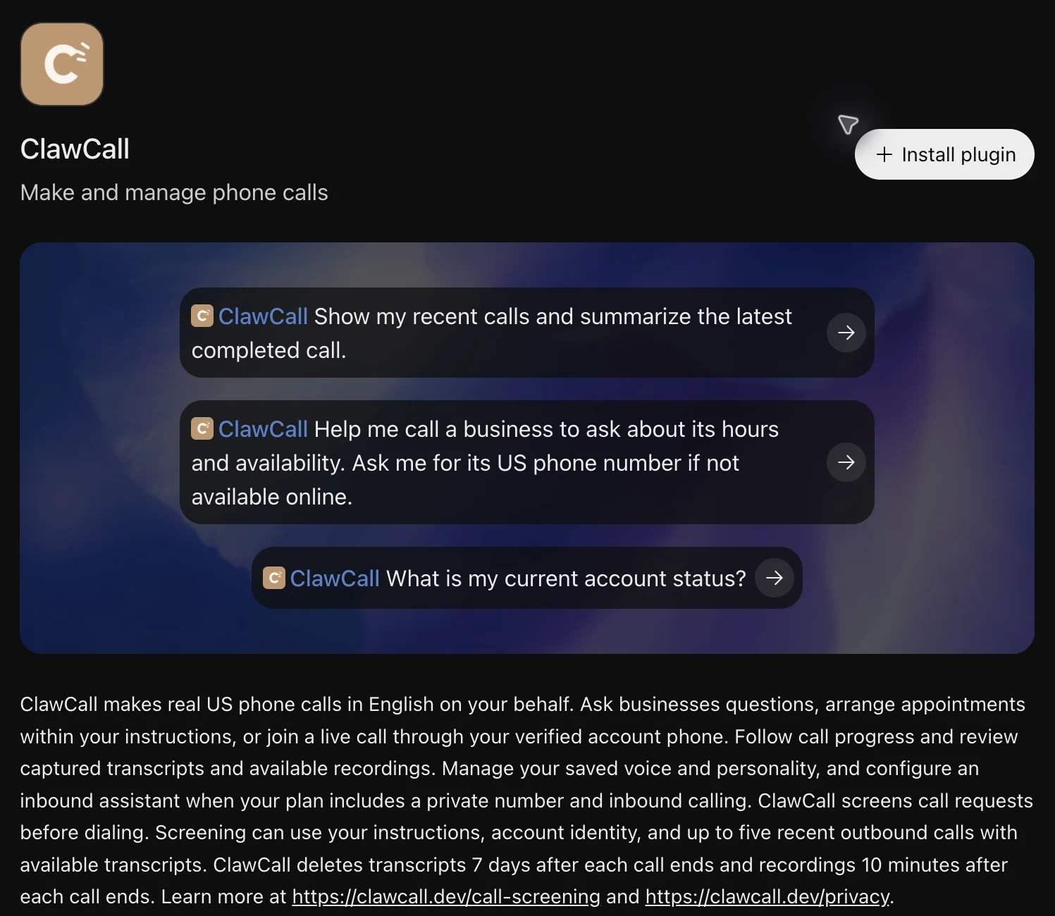 The ClawCall listing in ChatGPT's plugin directory, with the Install plugin button and three suggested prompts