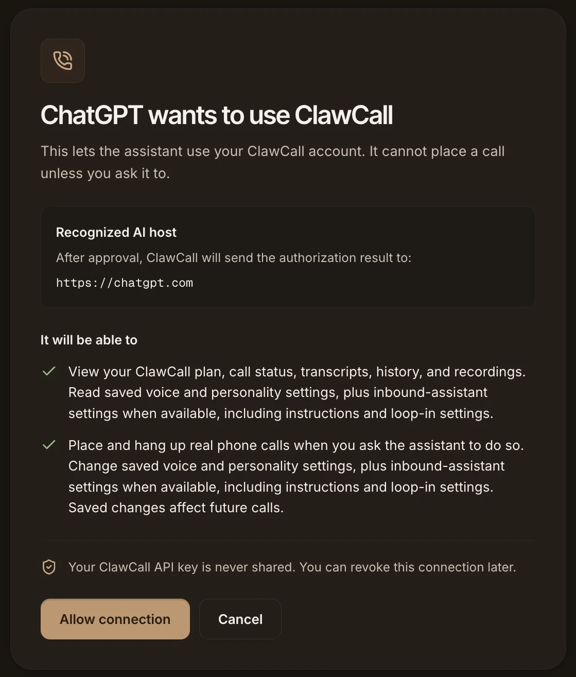 ClawCall's consent page titled "ChatGPT wants to use ClawCall", listing what ChatGPT will be able to do, with the Allow connection button