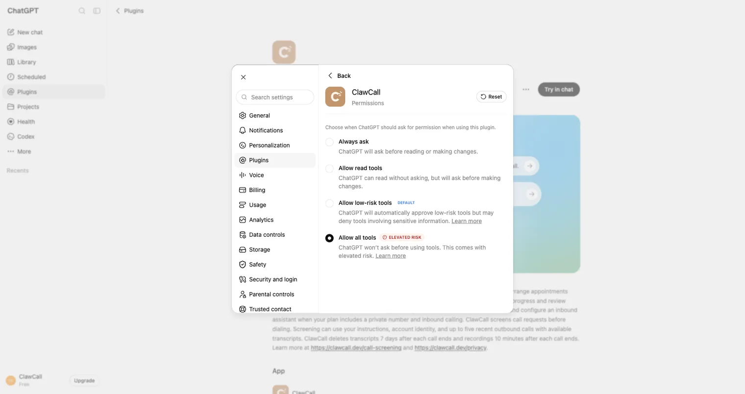 ChatGPT ClawCall permissions with Allow all tools selected.