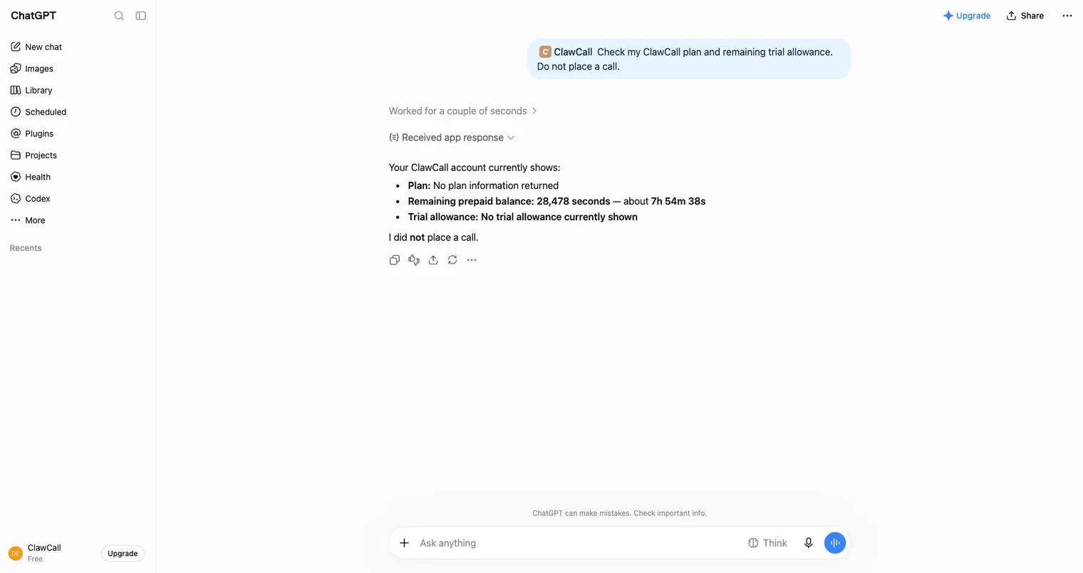 ChatGPT reporting the ClawCall account balance after a read-only check, with no call placed.