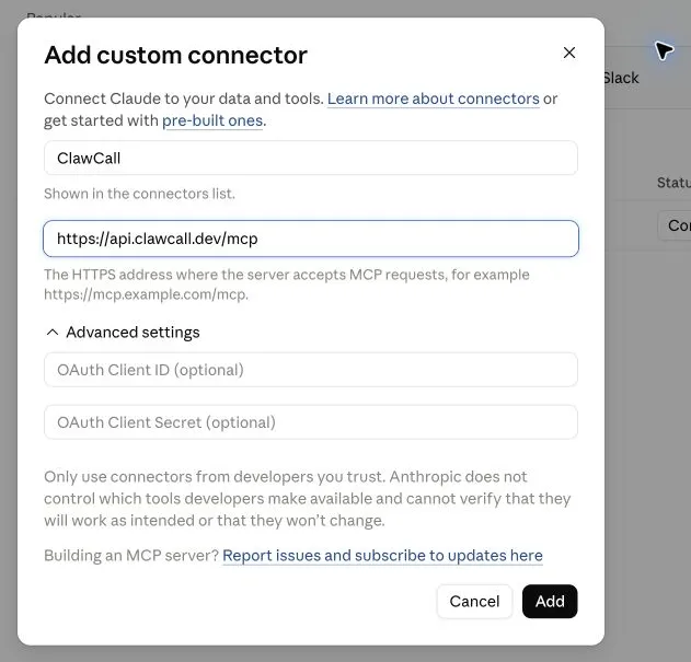 Claude custom connector dialog with the ClawCall MCP URL.