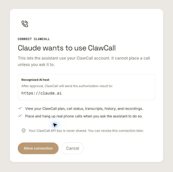 ClawCall OAuth consent page for Claude.