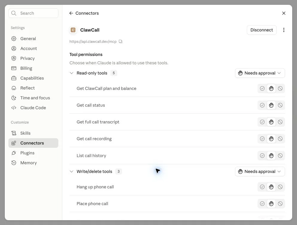 Claude connector settings listing ClawCall tools.