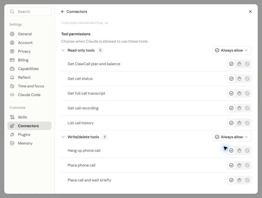 Claude permissions showing Always allow for both groups.
