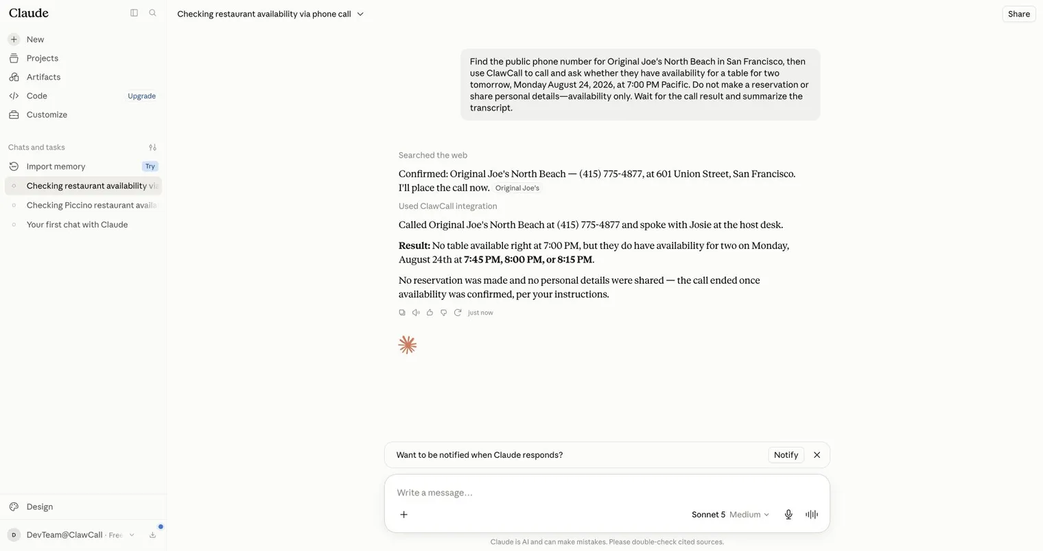 Claude conversation showing automatic ClawCall use and returned restaurant availability.