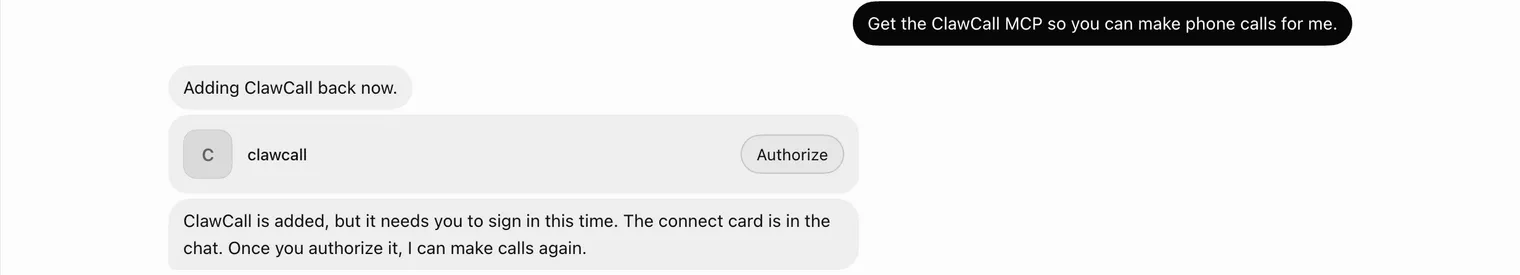 Grok Bot chat showing a clawcall connect card with an Authorize button.