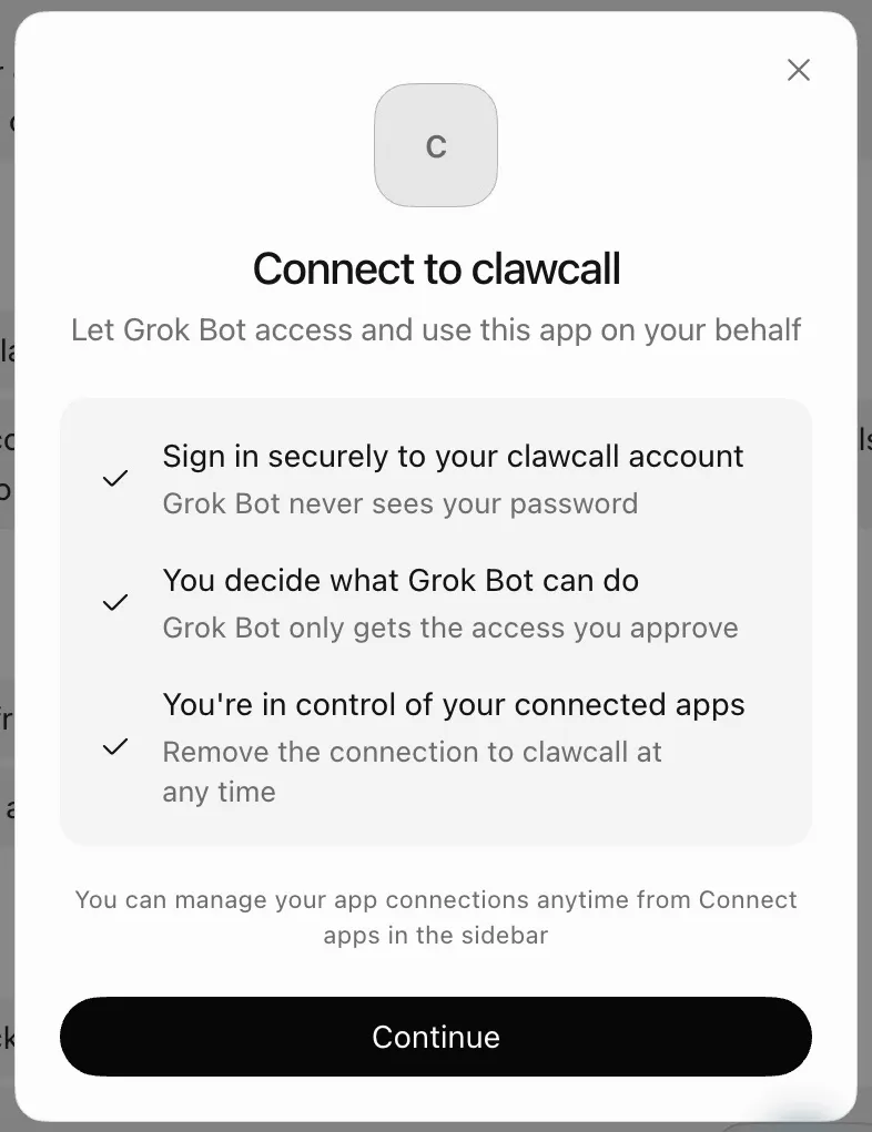Grok Bot Connect to clawcall dialog with a Continue button.