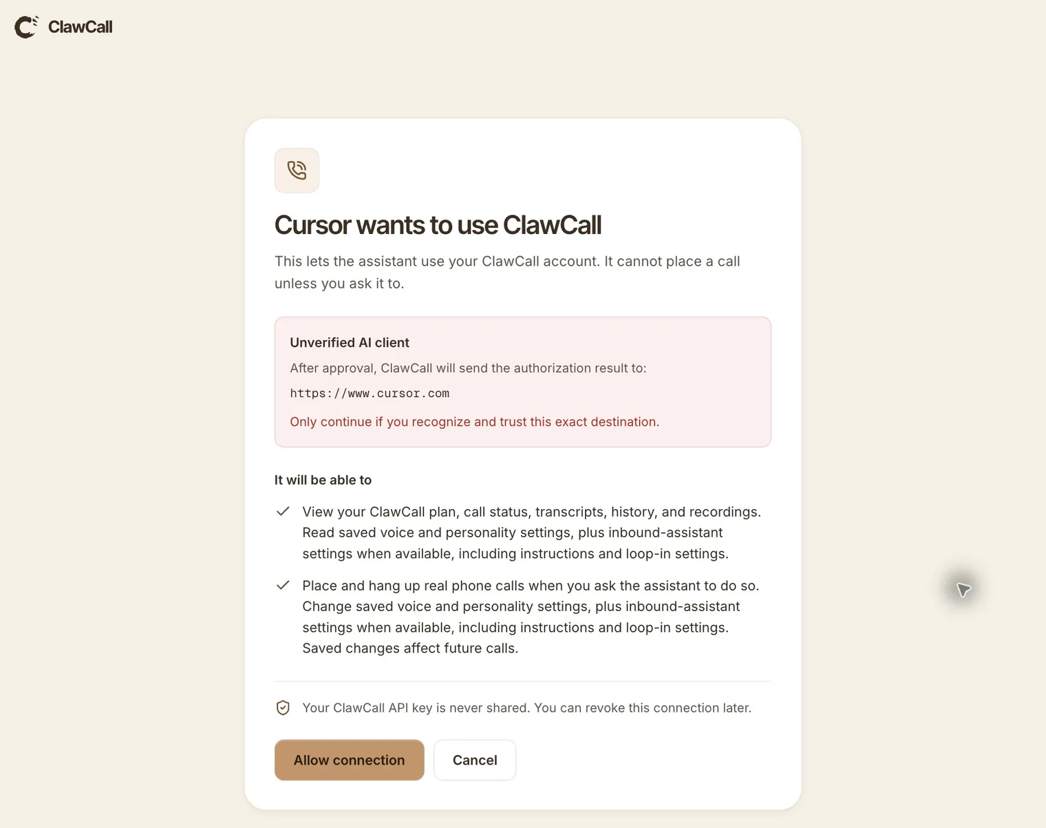 ClawCall consent page reading Cursor wants to use ClawCall, with the two permission groups and an Allow connection button.