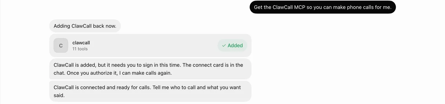 Grok Bot showing the clawcall card marked Added with 11 tools and a ready-for-calls message.