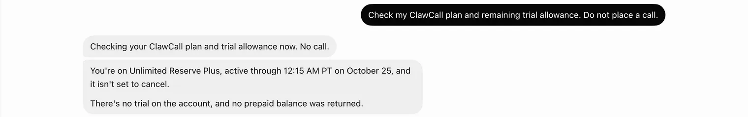 Grok Bot reporting the ClawCall plan after a read-only check, with no call placed.