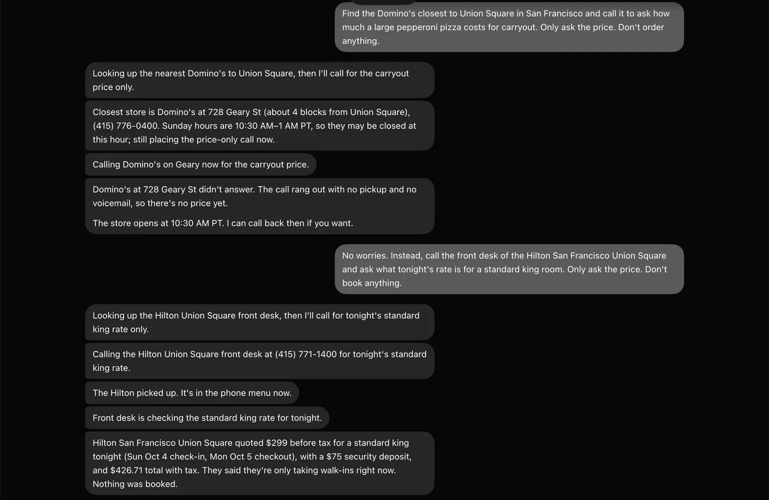 Grok Bot conversation showing a Domino’s call with no answer, then a Hilton front-desk call that returned tonight’s room rate.