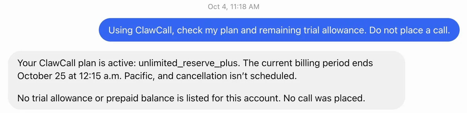 A ChatGPT dot reporting the ClawCall plan after a read-only check, with no call placed.